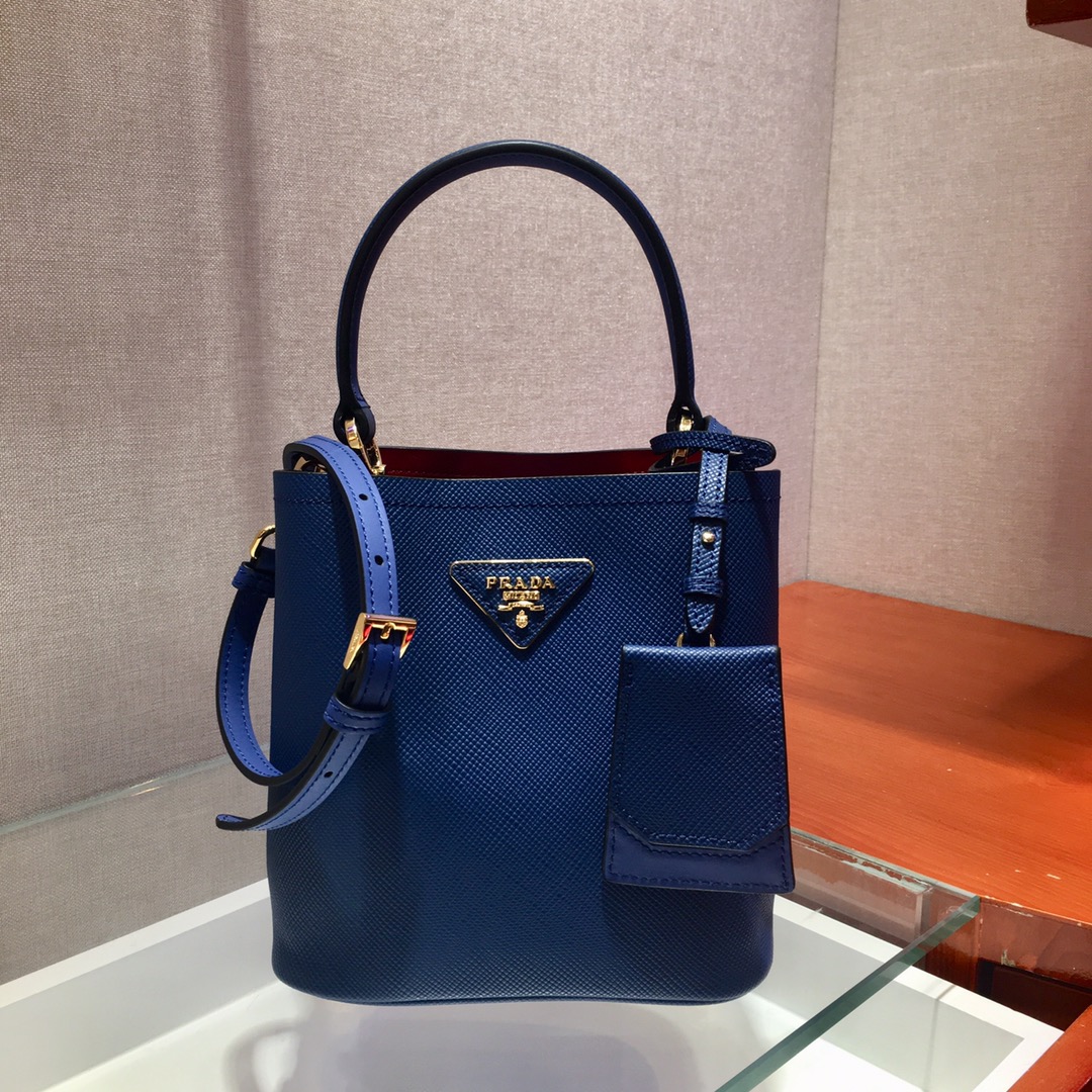 Prada Small Saffiano Leather Panier Bag Blue/Red 1BA217